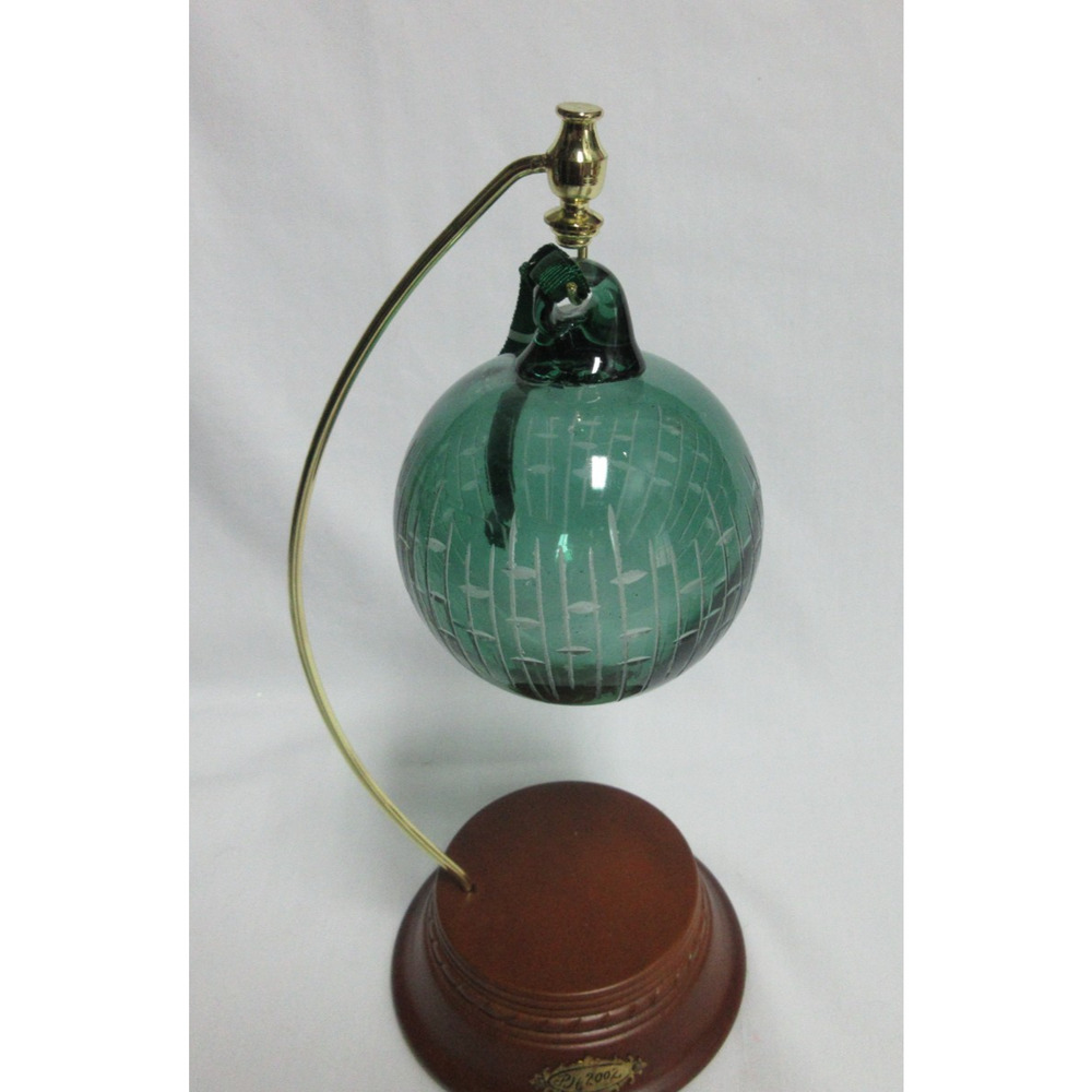 Crate & Barrel Green Etched Hand-Blown Art Glass Ornament 3"
